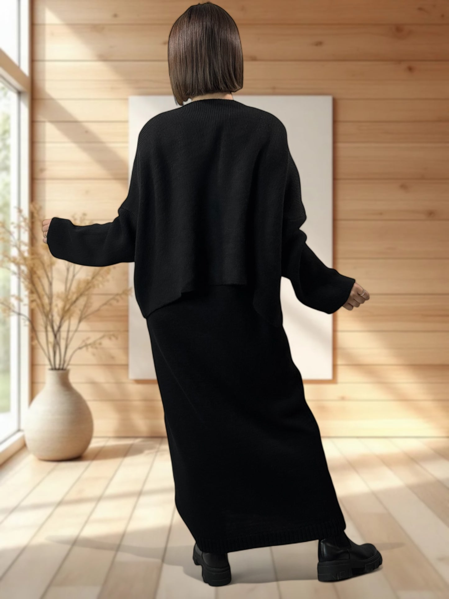 GABRIELA - ENSEMBLE NOIR EN MAILLE ROBE ET GILET JUSQU'A LA TAILLE 48