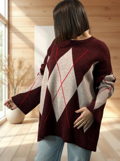 NOTTINGHAM - PULL OVERSIZE TARTAN BORDEAUX JUSQU'A LA TAILLE 52