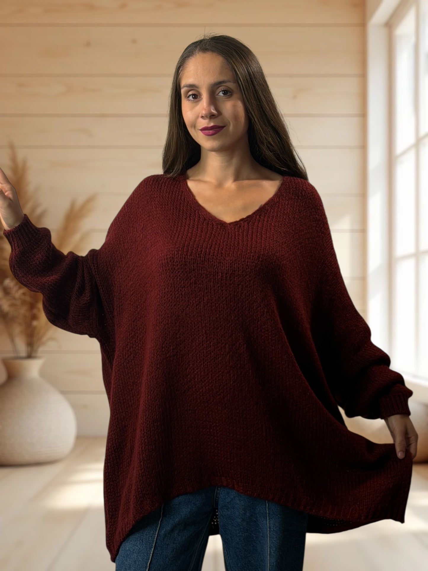 RICKOU - PULL OVERSIZE BORDEAUX MOTIF SOLEIL JUSQU'A LA TAILLE 56