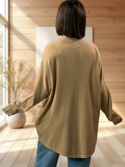 GLORIA - PULL OVERSIZE CAMEL AVEC PERLE JUSQU'A LA TAILLE 52/54