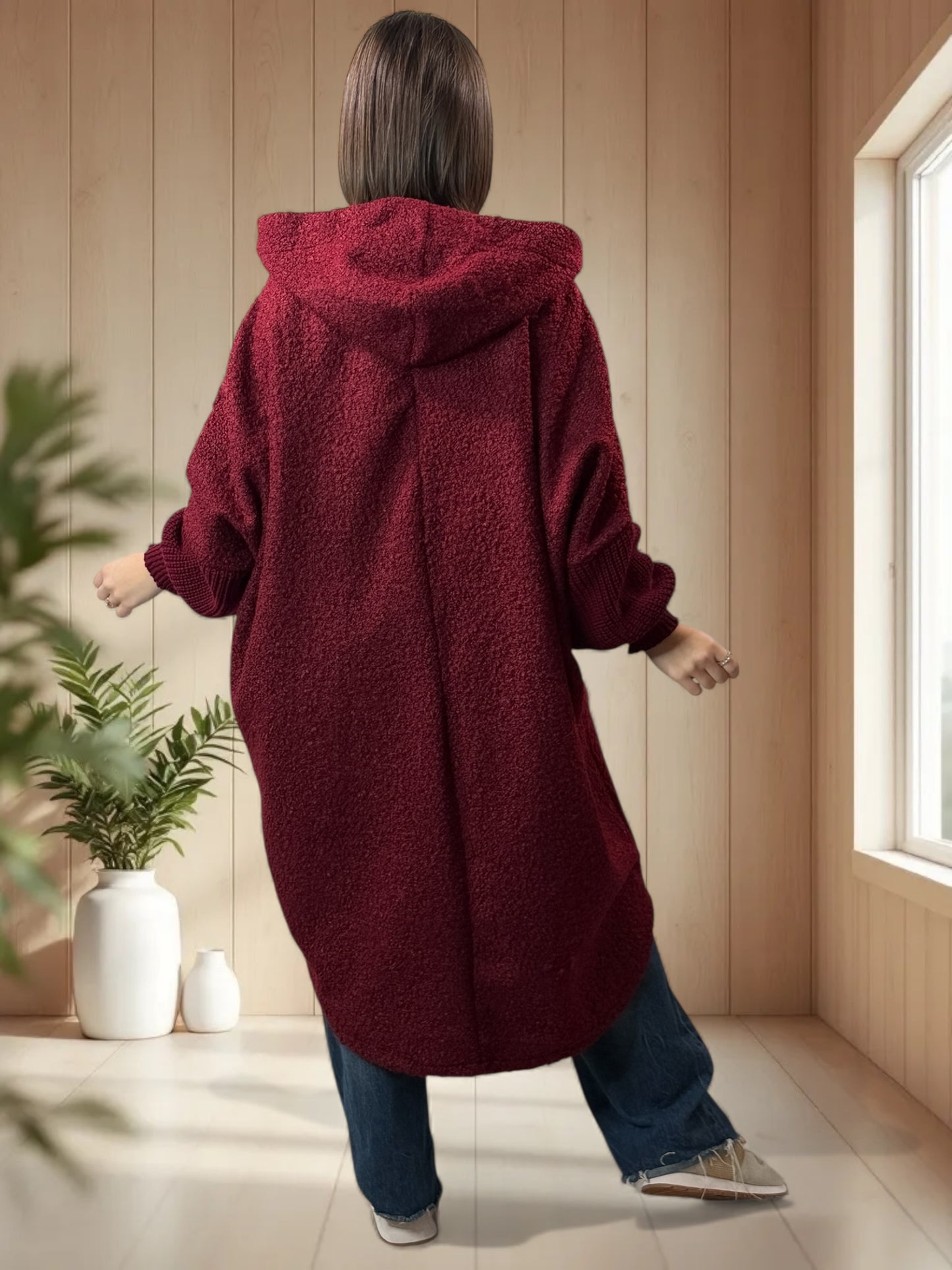 VIRGINIE - MANTEAU OVERSIZE BORDEAUX A CAPUCHE JUSQU'A LA TAILLE 54