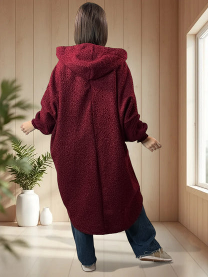 VIRGINIE - MANTEAU OVERSIZE BORDEAUX A CAPUCHE JUSQU'A LA TAILLE 54