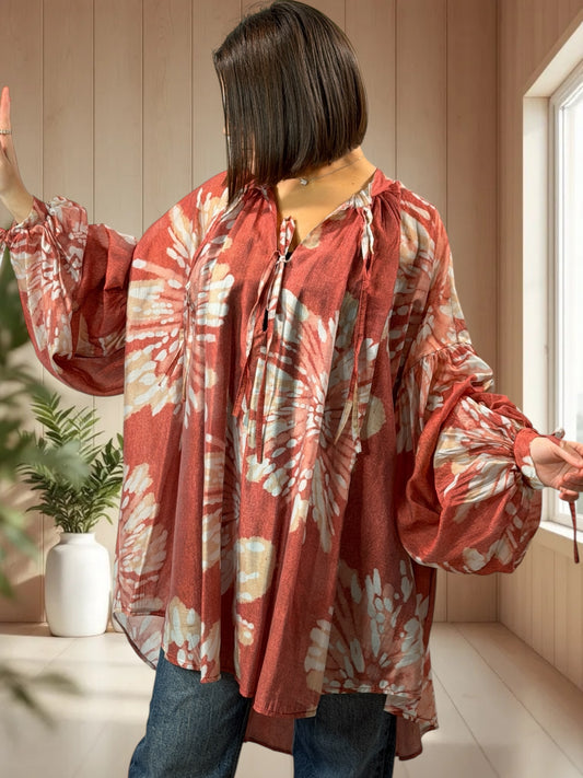 VICTORINE  - TUNIQUE OVERSIZE EN COTON MOTIF ROUX JUSQU'A LA TAILLE 60