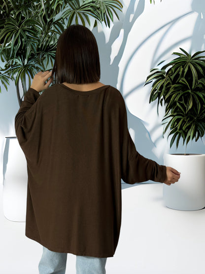 OSCAR - PULL OVERSIZE MARRON EN MAILLE FLUIDE JUSQU'A LA TAILLE 56