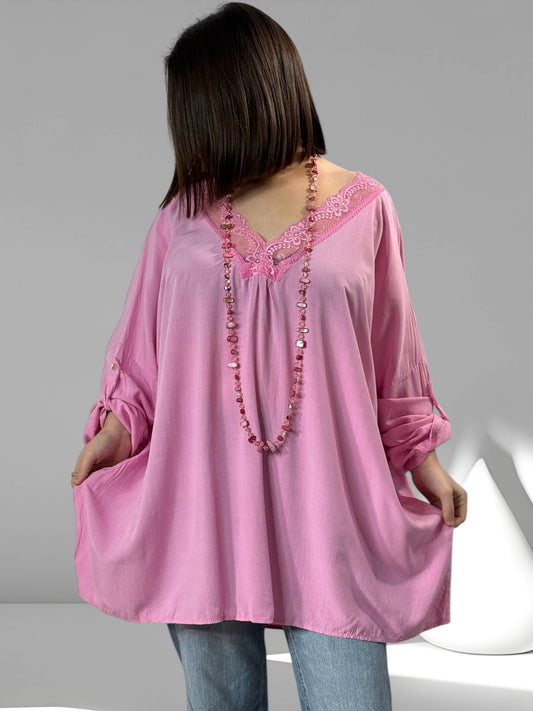 LAURIE - TUNIQUE ROSE BORDEE DE DENTELLE JUSQU'A LA TAILLE 54/56