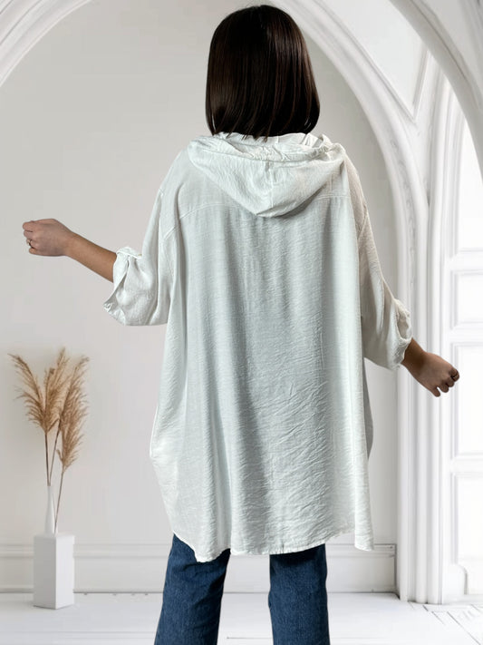 KARINE - VESTE CHEMISE BLANCHE OVERSIZE  A CAPUCHE JUSQU'A LA TAILLE 58