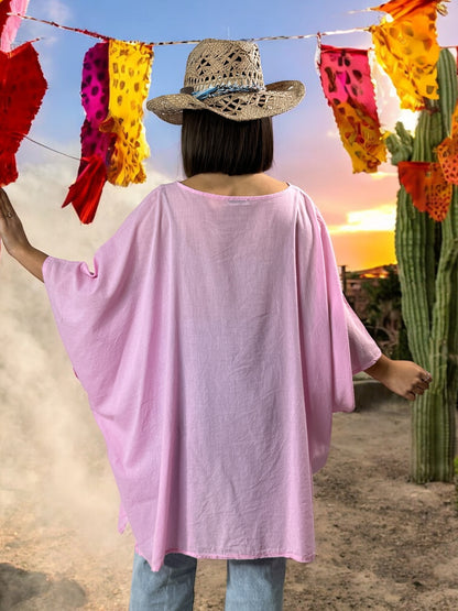 EMILIE - TUNIQUE OVERSIZE ROSE EN COTON JUSQU'A LA TAILLE 58