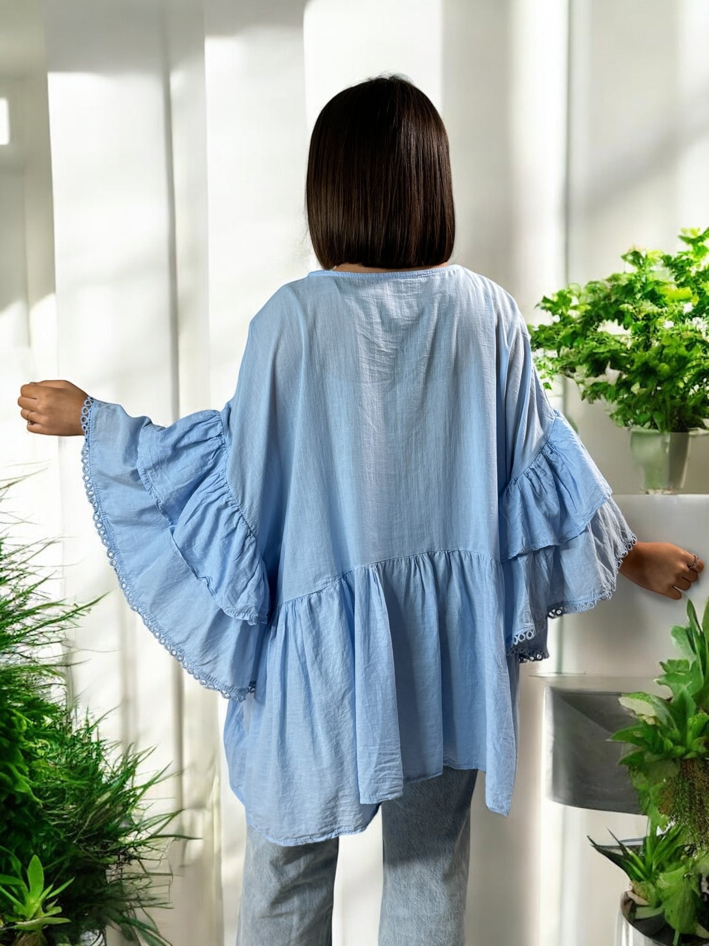 CORALINE - BLOUSE OVERSIZE BLEUE EN COTON JUSQU'A LA TAILLE 52/54
