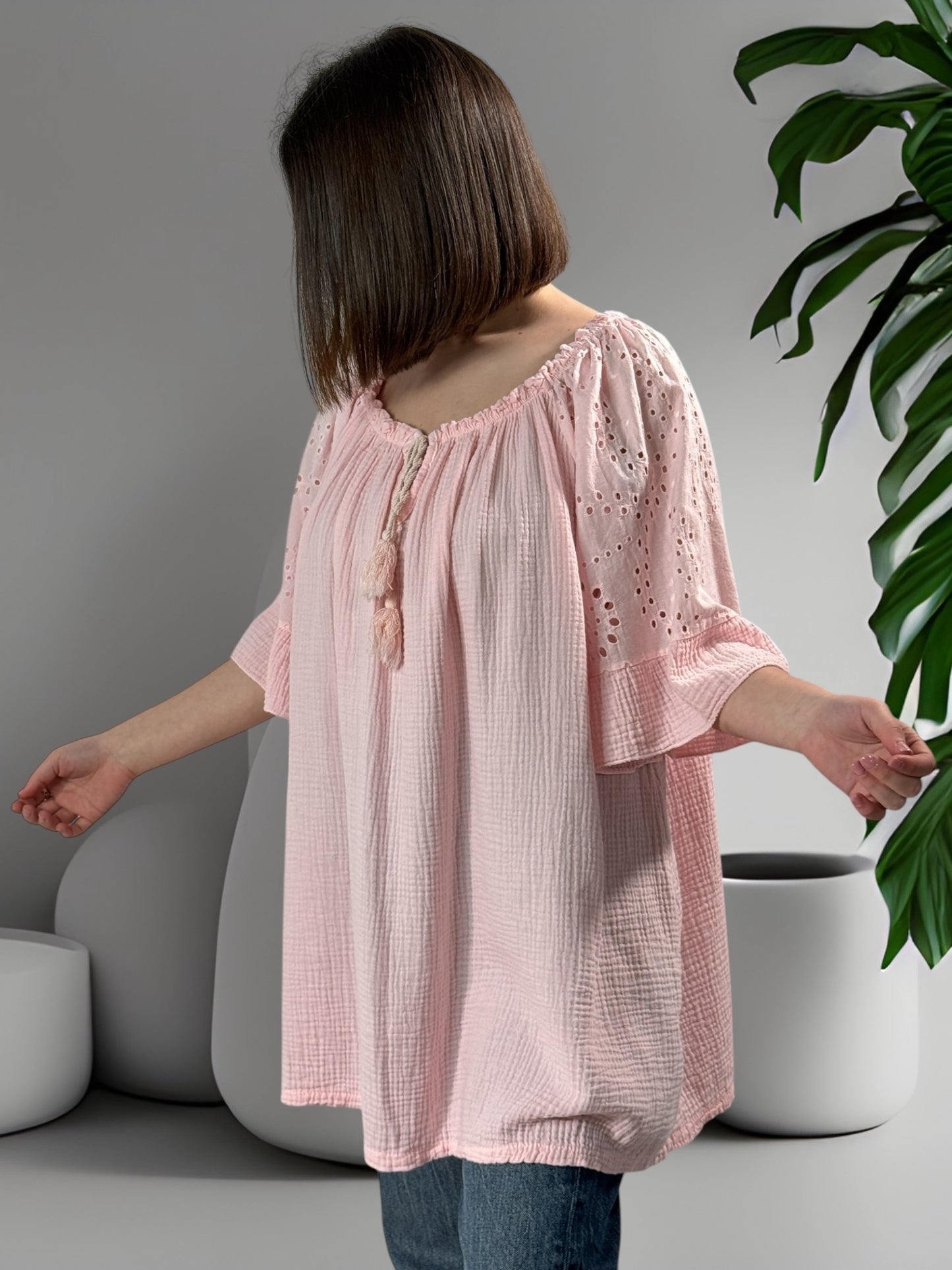 MEREDITH - BLOUSE OVERSIZE ROSE EN COTON JUSQU'A LA TAILLE 54/56