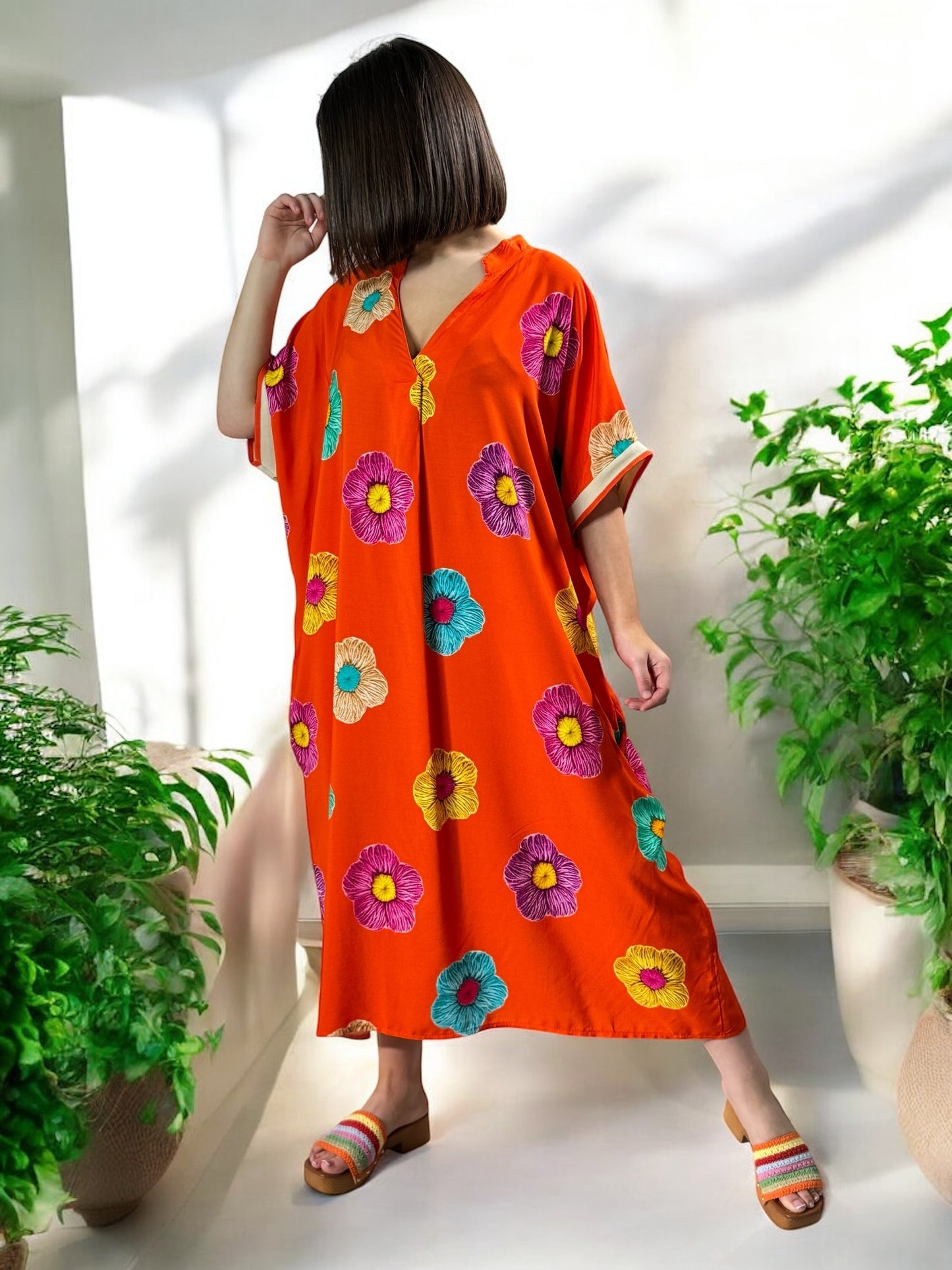 LALY - ROBE OVERSIZE ORANGE MOTIF FLEUR JUSQU'A LA TAILLE 54
