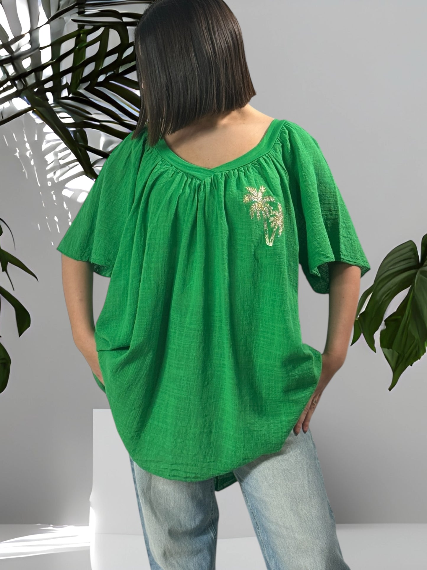 ASTRID - BLOUSE OVERSIZE VERTE LIN ET COTON JUSQU'A LA TAILLE 54