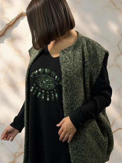 FREEDOM - PULL NOIR EN MAILLE FLUIDE OEIL EN SEQUINS JUSQU'A LA TAILLE 52