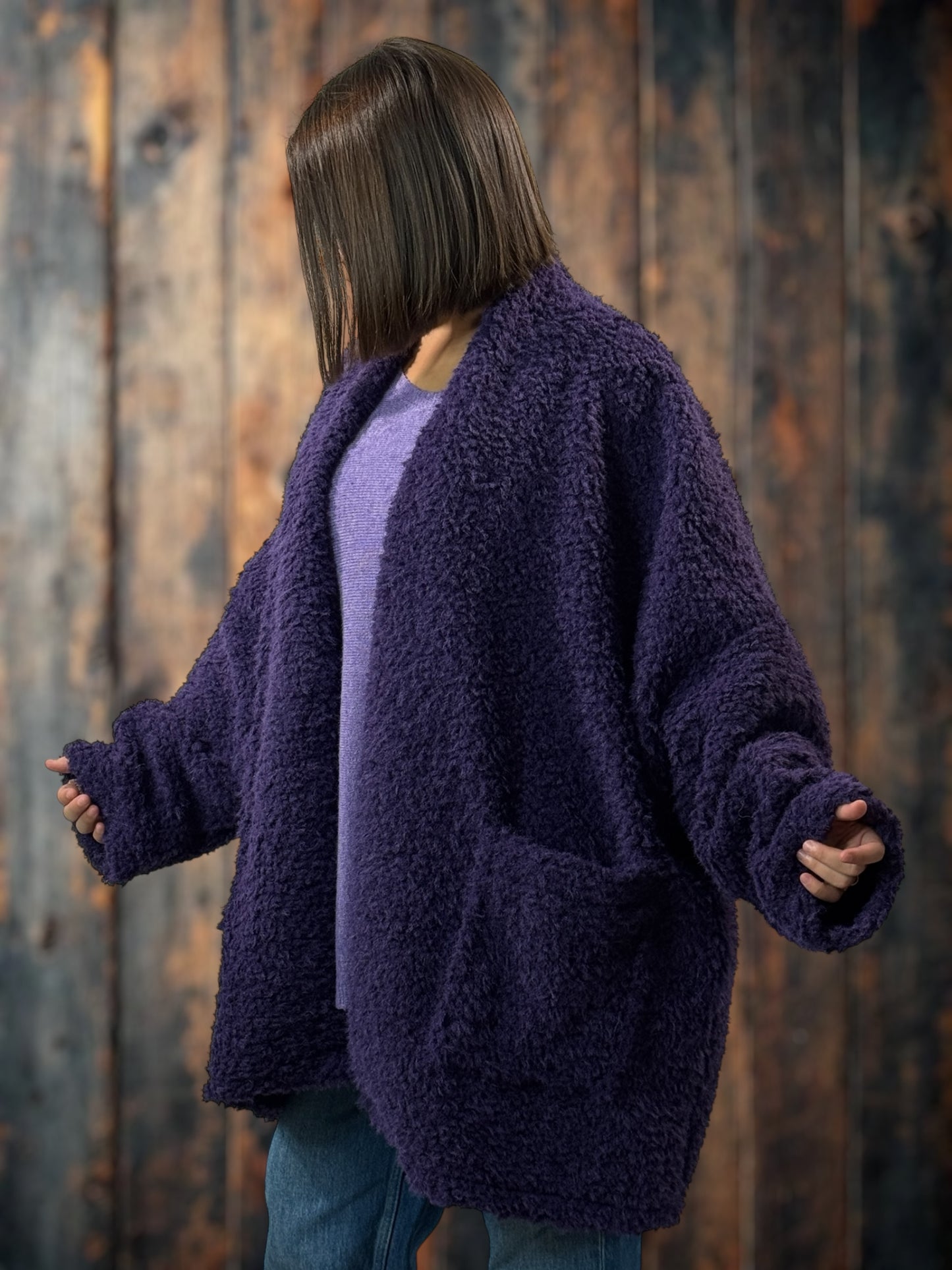 LILIROSE - VESTE OVERSIZE VIOLETTE EN MOUMOUTE JUSQU'A LA TAILLE 56/58