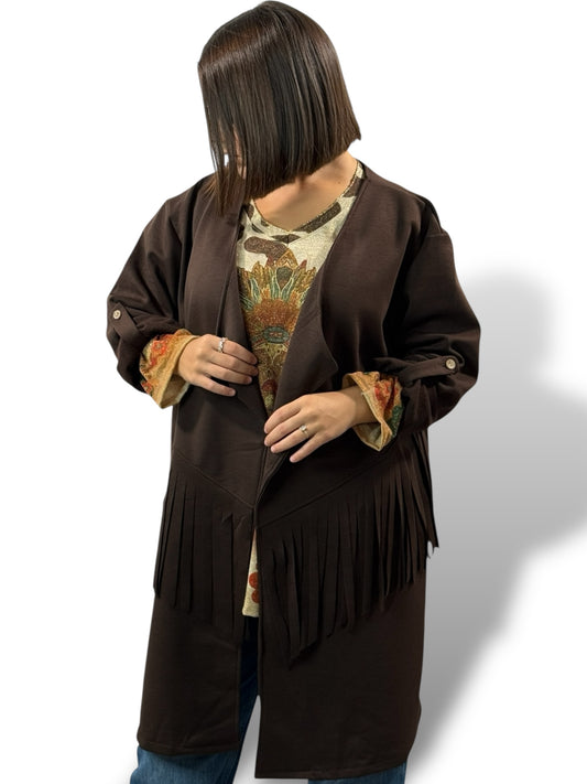 FERIA - VESTE MARRON A FRANGE OVERSIZE JUSQU'A LA TAILLE 52/54