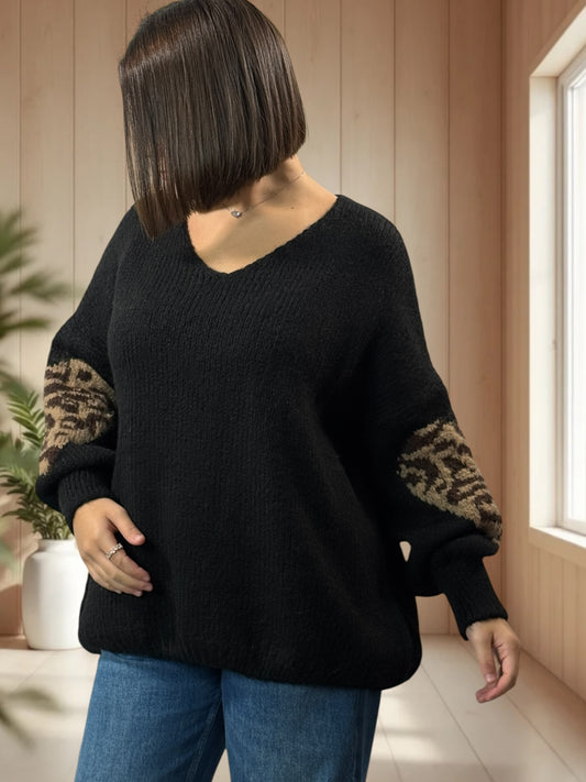 AMBER - PULL NOIR COEUR LEOPARD JUSQU'A LA TAILLE 50/52
