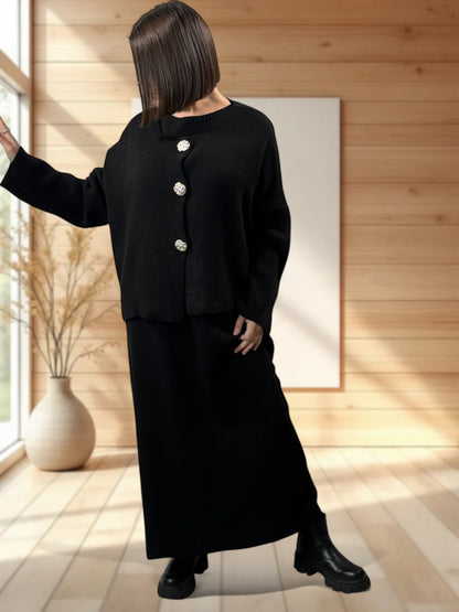 GABRIELA - ENSEMBLE NOIR EN MAILLE ROBE ET GILET JUSQU'A LA TAILLE 48