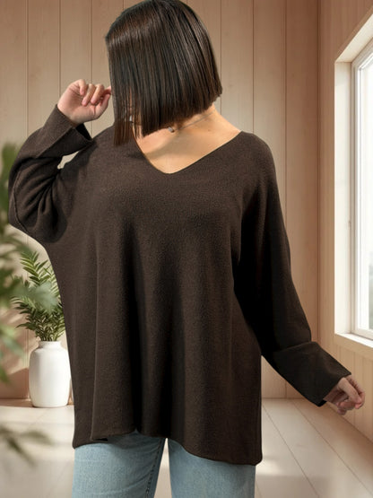 DONNA - PULL OVERSIZE MARRON AVEC BOUTONS DORES JUSQU'A LA TAILLE 52