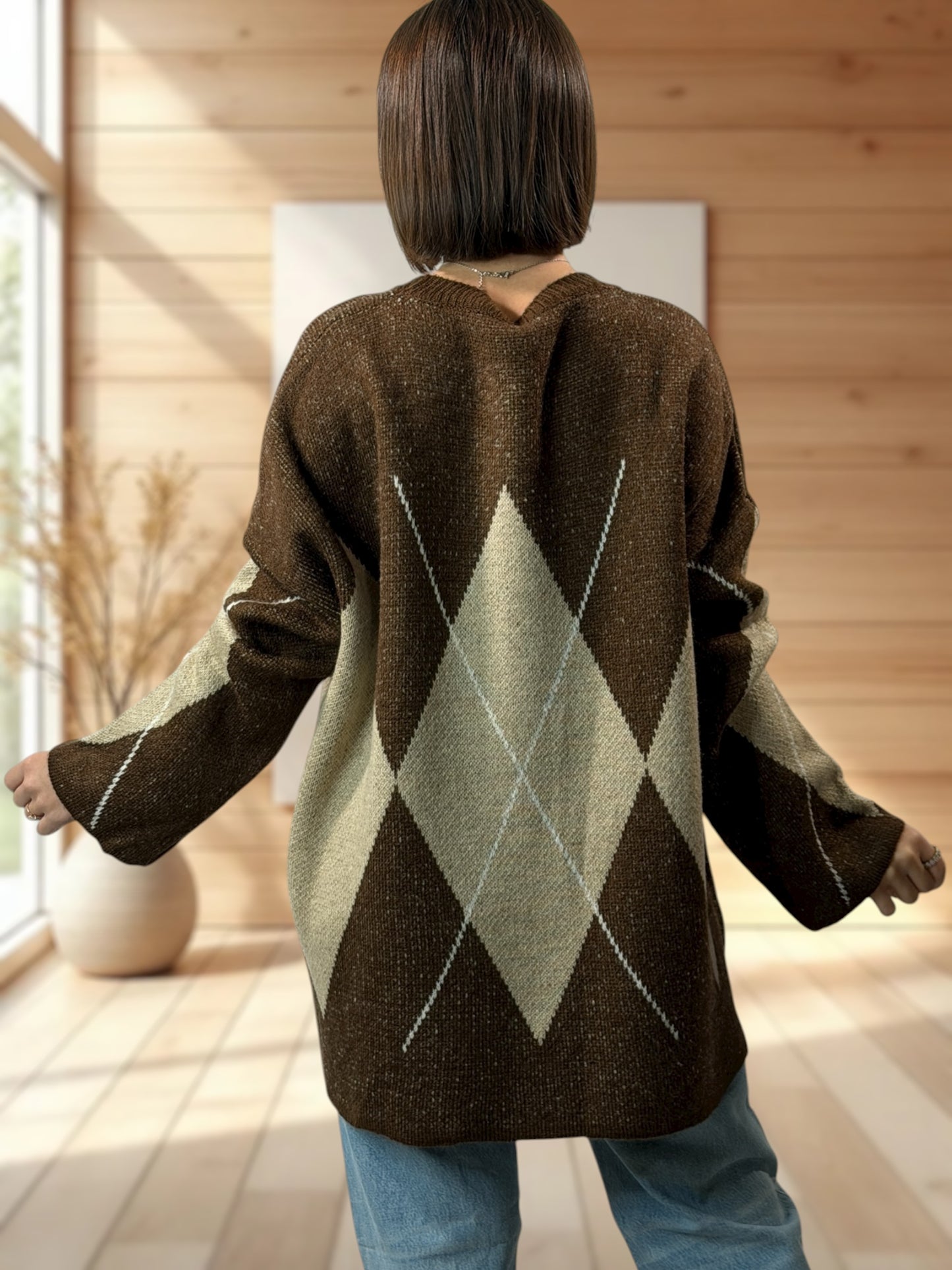 NOTTINGHAM - PULL OVERSIZE TARTAN MARRON JUSQU'A LA TAILLE 52