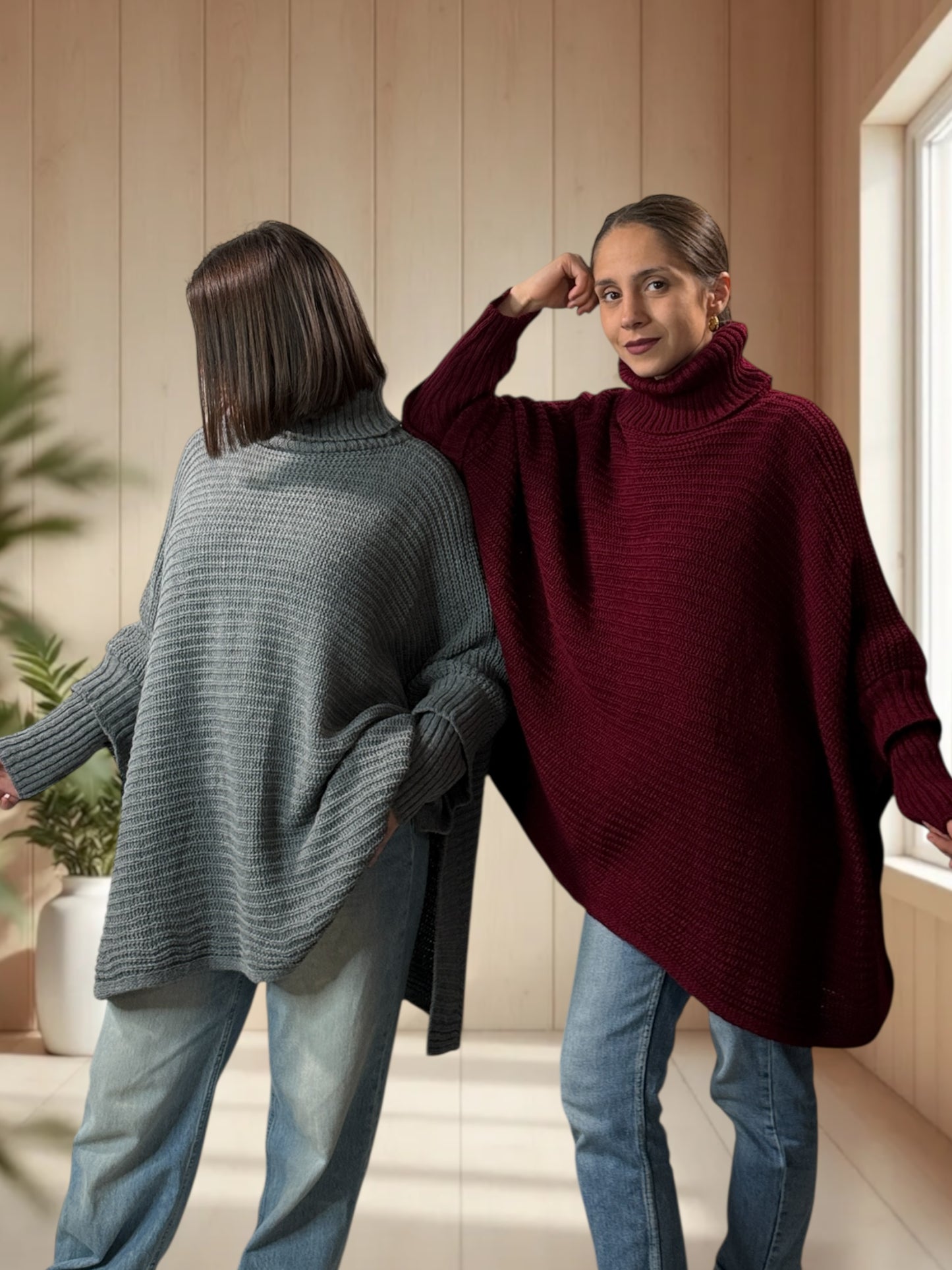 HELLO - PULL PONCHO BORDEAUX OVERSIZE JUSQU'A LA TAILLE 56/58