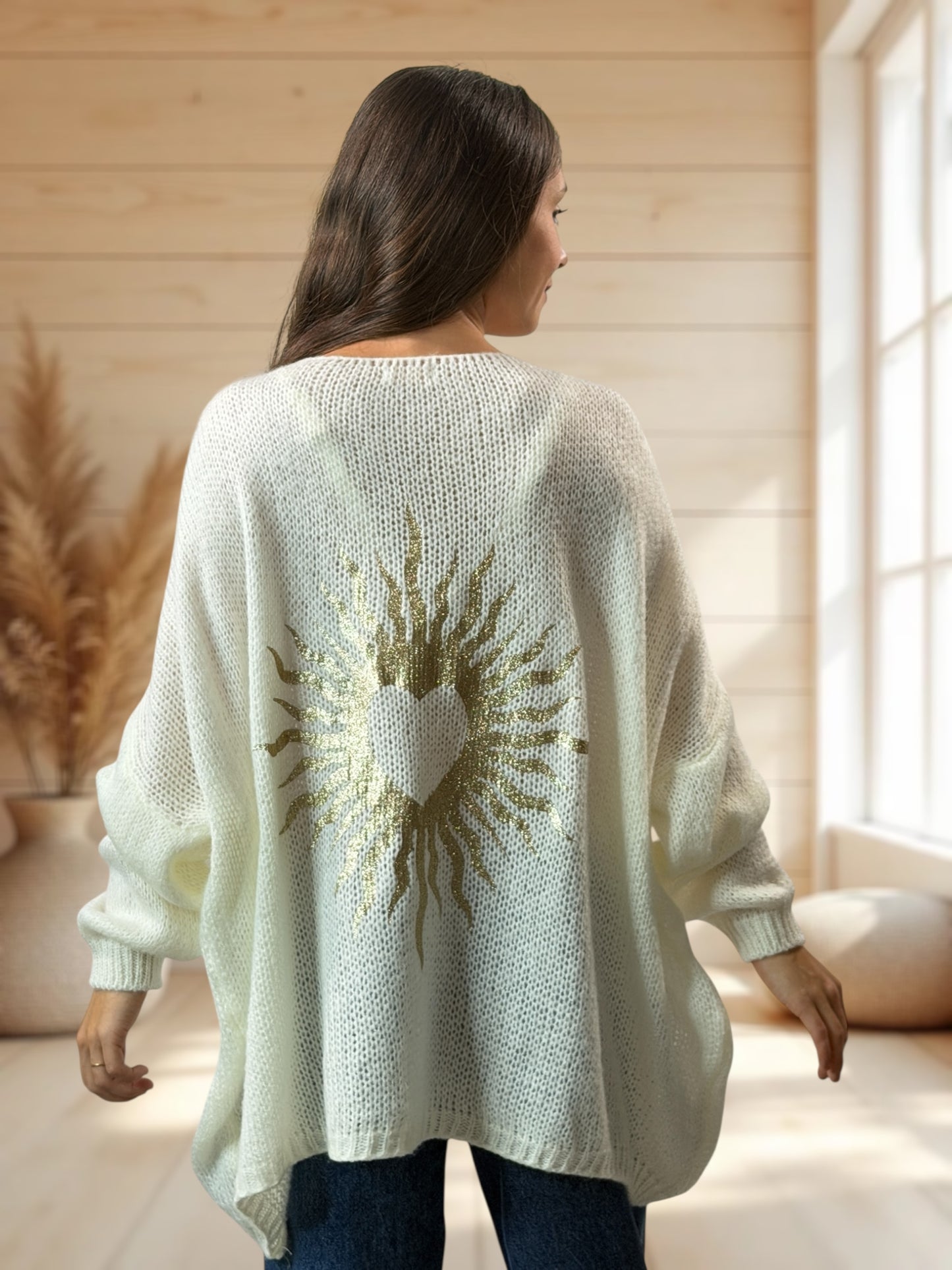 RICKOU - PULL OVERSIZE BLANC CASSE MOTIF SOLEIL JUSQU'A LA TAILLE 56