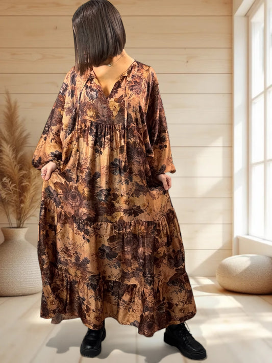 VENISE - ROBE AVEC DE LA SOIE MOTIF MARRON JUSQU'A LA TAILLE 52