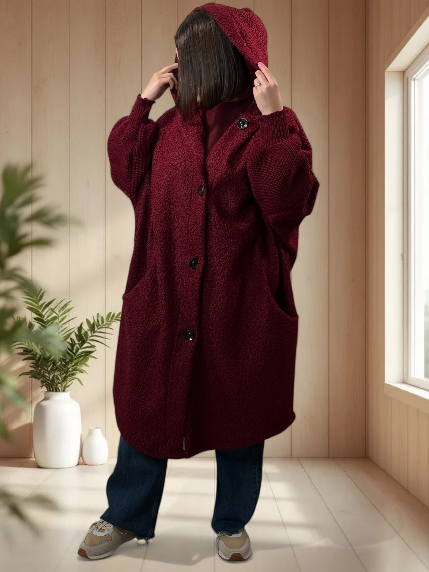 VIRGINIE - MANTEAU OVERSIZE BORDEAUX A CAPUCHE JUSQU'A LA TAILLE 54