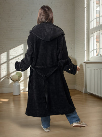 CARLOTA - MANTEAU OVERSIZE NOIR A CAPUCHE JUSQU'A LA TAILLE 56/58