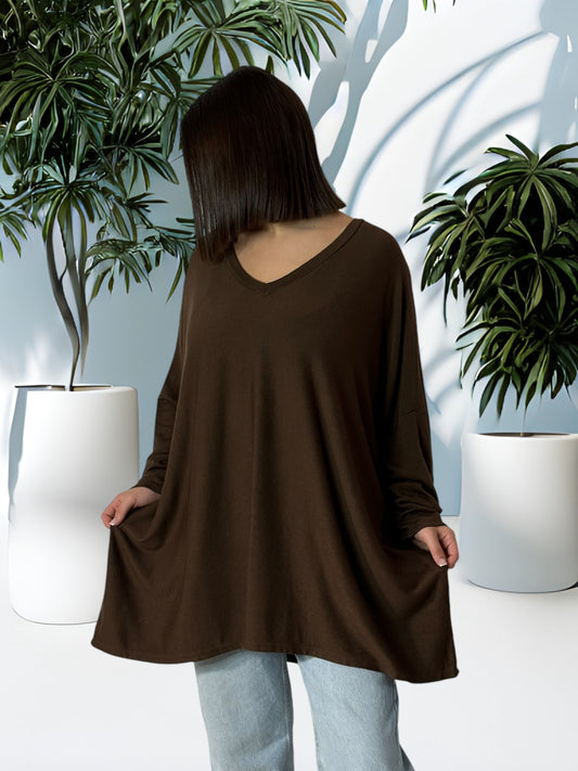 OSCAR - PULL OVERSIZE MARRON EN MAILLE FLUIDE JUSQU'A LA TAILLE 56