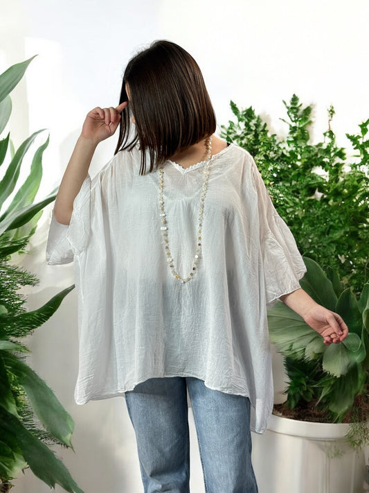 AMANDINE - BLOUSE BLANCHE OVERSIZE EN COTON JUSQU'A LA TAILLE 56