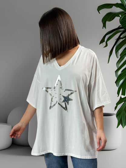 ALICIA - T-SHIRT BLANC OVERSIZE MOTIF ETOILE JUSQU'A LA TAILLE 54/56