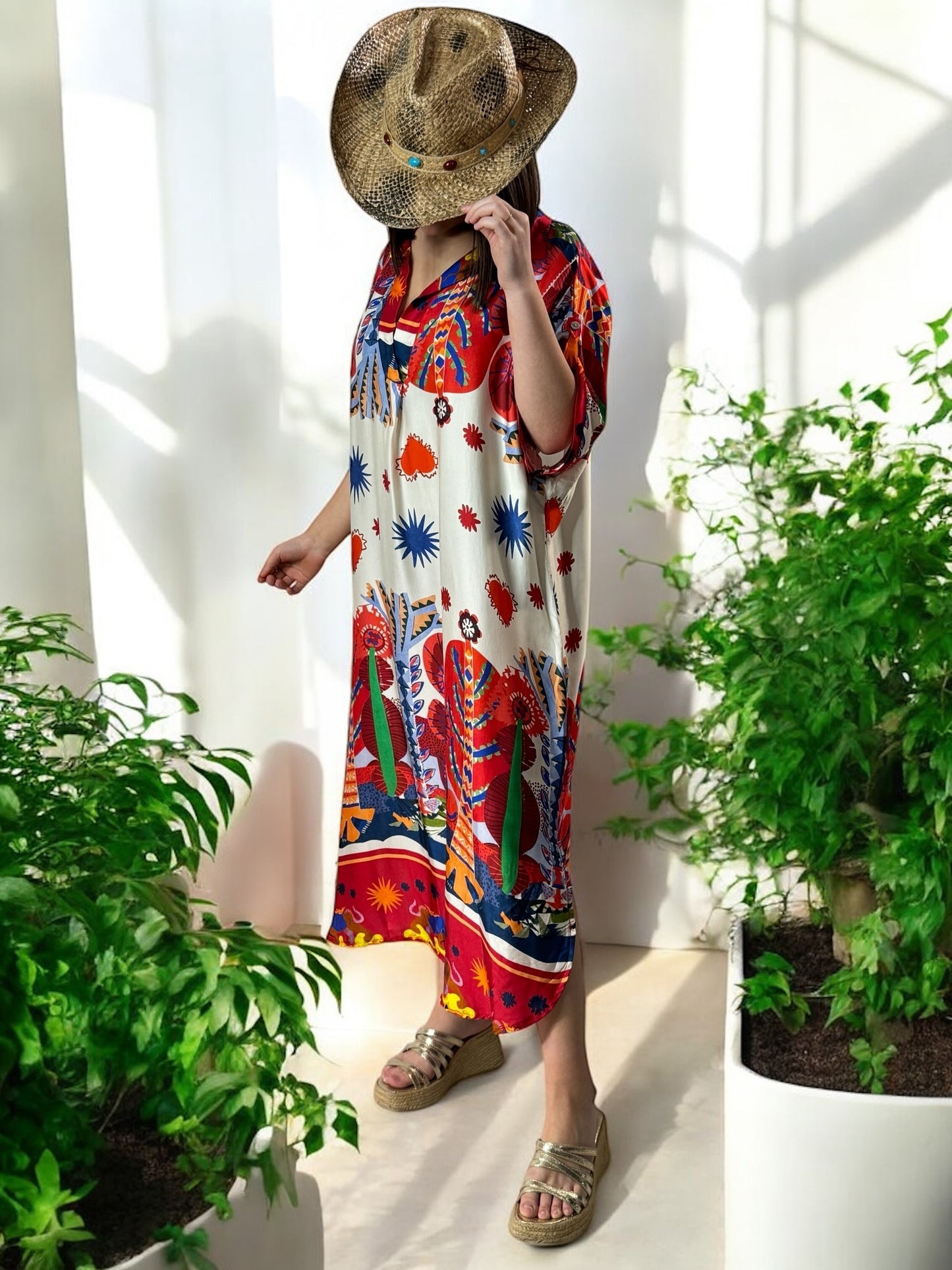 ETE INDIEN - ROBE OVERSIZE TISSUS SOYEUX A MOTIF ROUGE JUSQU'A LA TAILLE 50