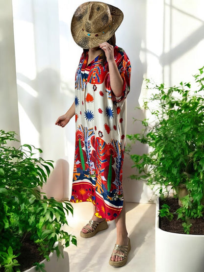 ETE INDIEN - ROBE OVERSIZE TISSUS SOYEUX A MOTIF ROUGE JUSQU'A LA TAILLE 50