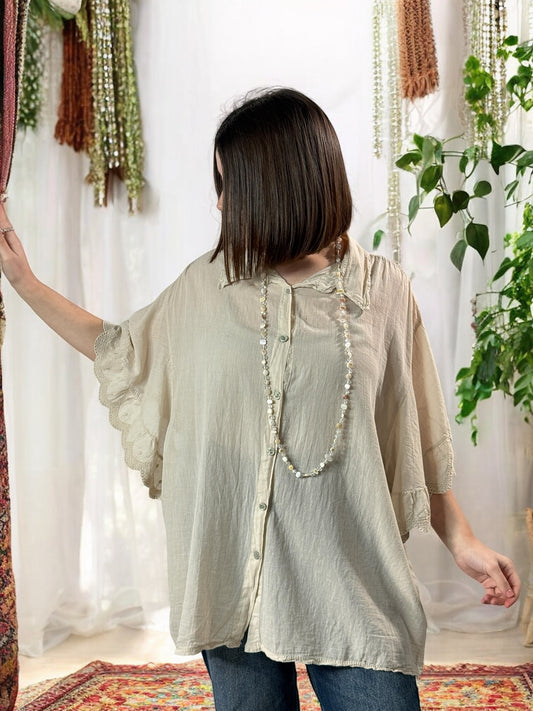 ANASTASIA - BLOUSE OVERSIZE BEIGE EN COTON JUSQU'A LA TAILLE 52/54