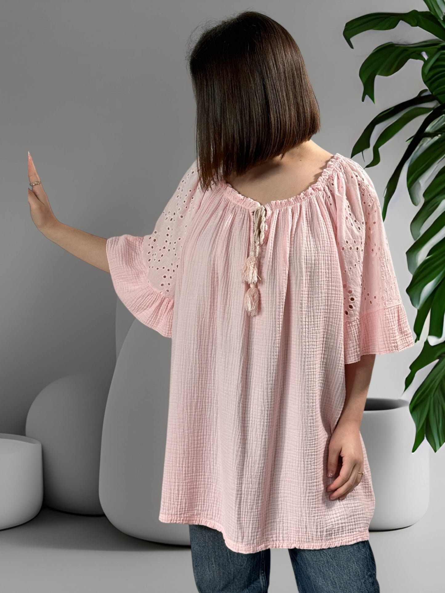 MEREDITH - BLOUSE OVERSIZE ROSE EN COTON JUSQU'A LA TAILLE 54/56