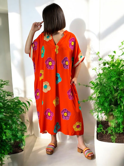 LALY - ROBE OVERSIZE ORANGE MOTIF FLEUR JUSQU'A LA TAILLE 54