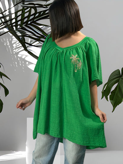 ASTRID - BLOUSE OVERSIZE VERTE LIN ET COTON JUSQU'A LA TAILLE 54