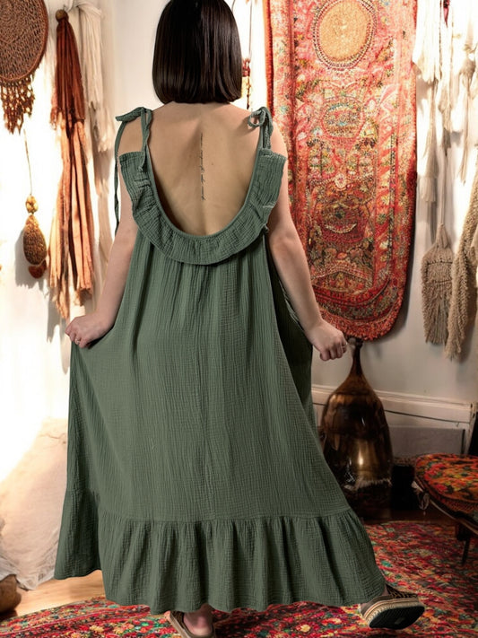 ANNABELLE - ROBE KAKI VOLANT AU DOS JUSQU'A LA TAILLE 52/54