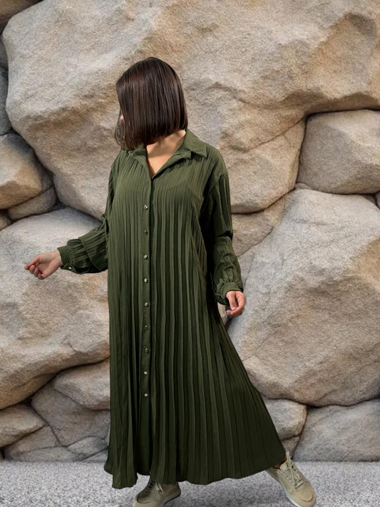 MAROUSSIA - ROBE KAKI PLIS SOLEIL JUSQU'A LA TAILLE 56