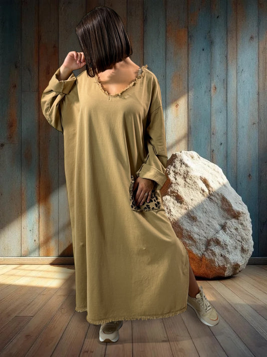SALOME - ROBE OVERSIZE CAMEL  POCHE LEOPARD JUSQU'A LA TAILLE 58