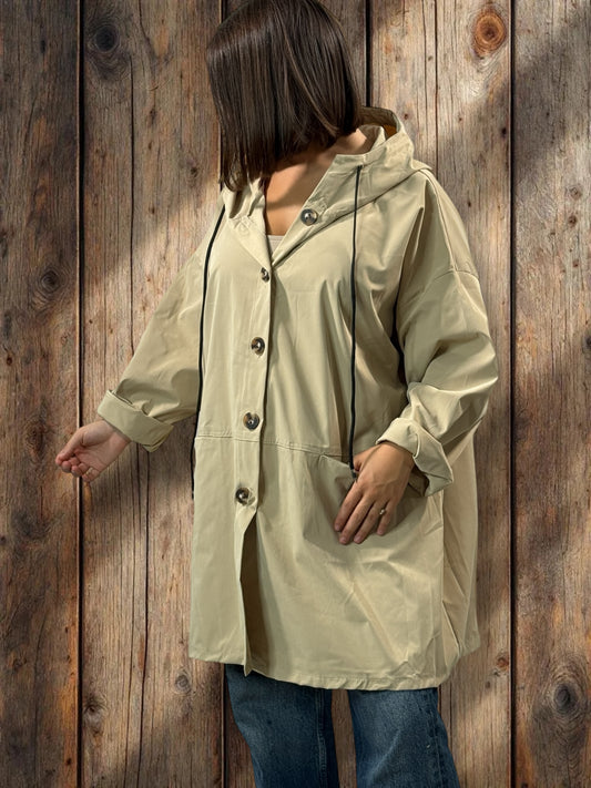 DORIAN - VESTE TRENCH BEIGE OVERSIZE A CAPUCHE JUSQU'A LA TAILLE 56