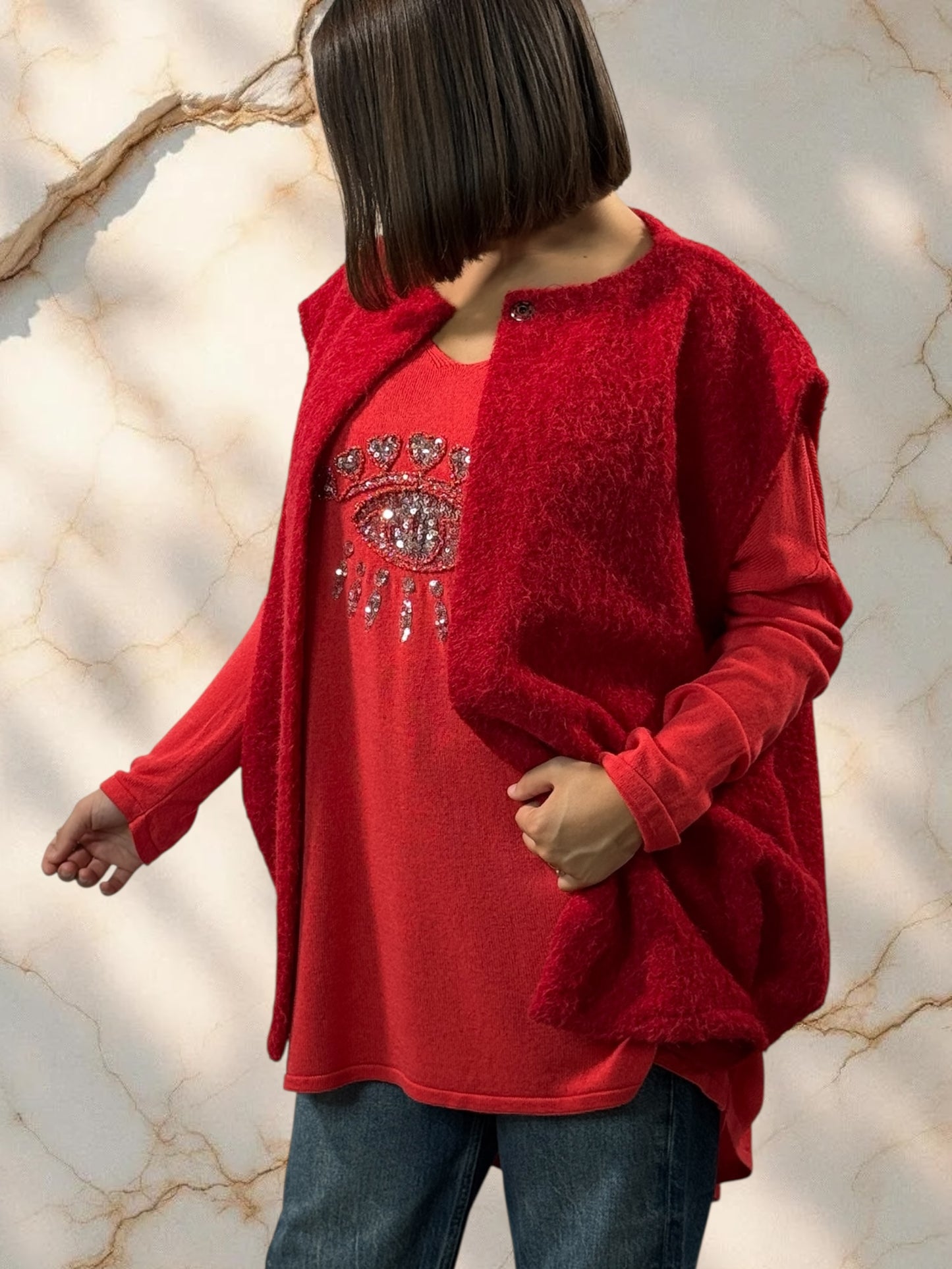 LUDO - GILET ROUGE SANS MANCHE JUSQU'A LA TAILLE 50/52