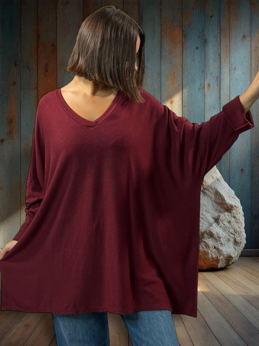OSCAR - PULL OVERSIZE BORDEAUX EN MAILLE FLUIDE JUSQU'A LA TAILLE 56