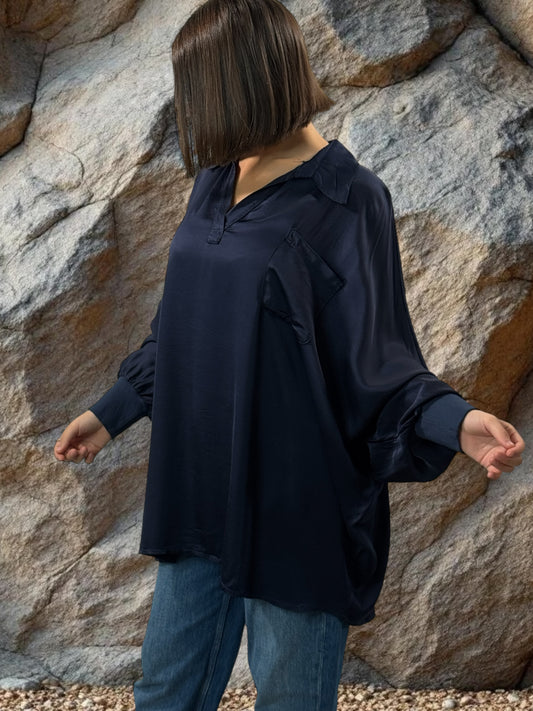 MONICA - TUNIQUE MARINE OVERSIZE ASPECT SOIE JUSQU'A LA TAILLE 56