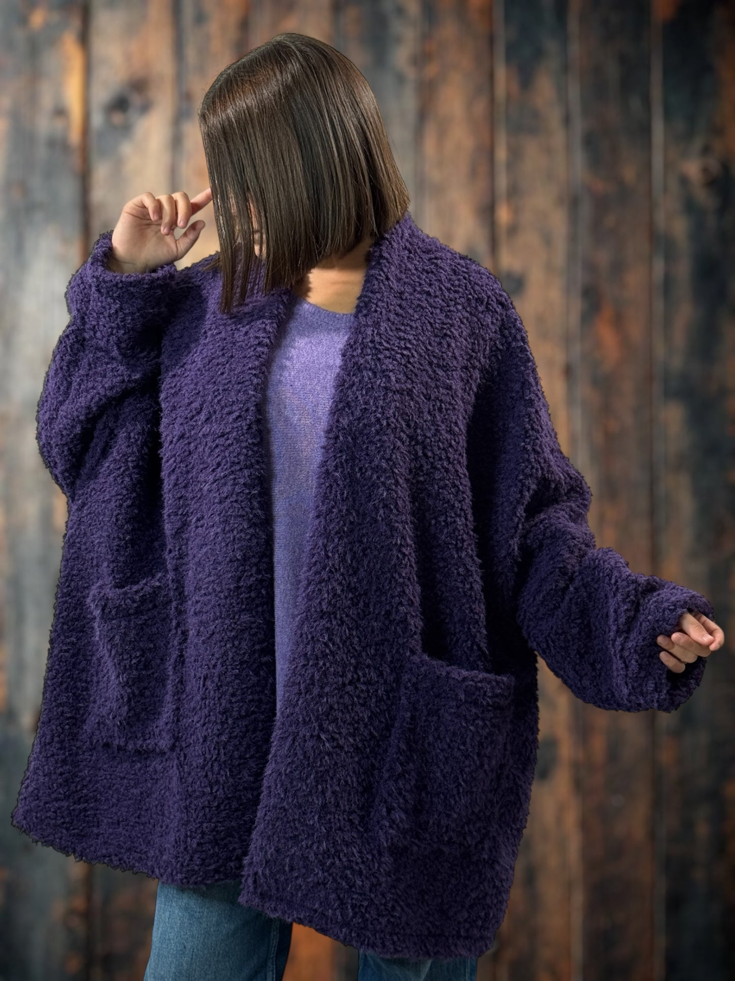 LILIROSE - VESTE OVERSIZE VIOLETTE EN MOUMOUTE JUSQU'A LA TAILLE 56/58
