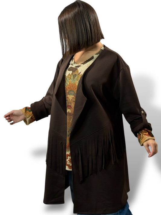 FERIA - VESTE MARRON A FRANGE OVERSIZE JUSQU'A LA TAILLE 52/54