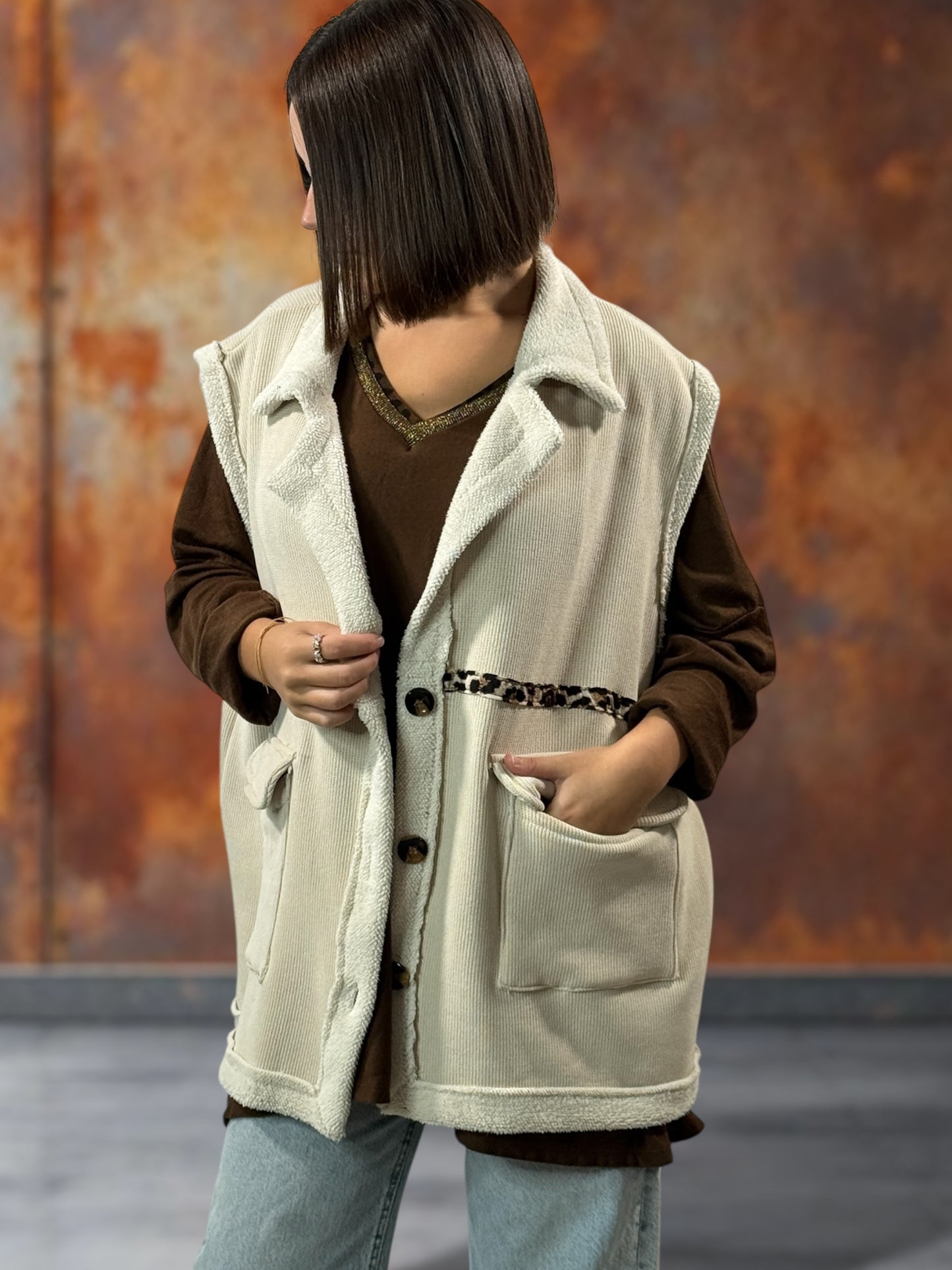 MARINO - GILET EN VELOURS BEIGE TAILLE 46/48 A 56