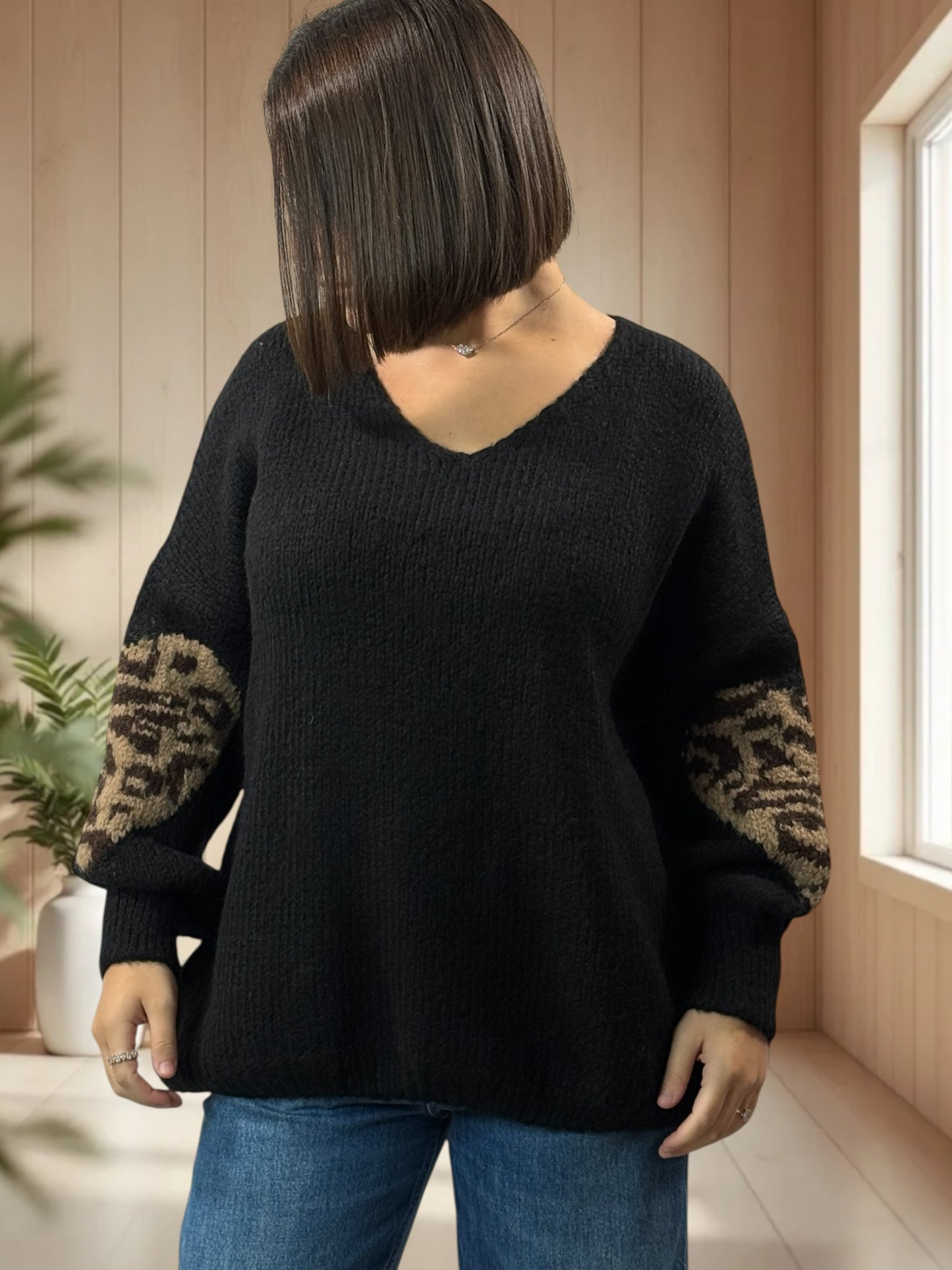 AMBER - PULL NOIR COEUR LEOPARD JUSQU'A LA TAILLE 50/52