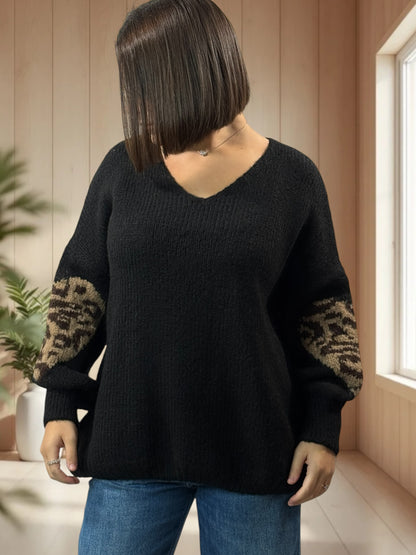 AMBER - PULL NOIR COEUR LEOPARD JUSQU'A LA TAILLE 50/52