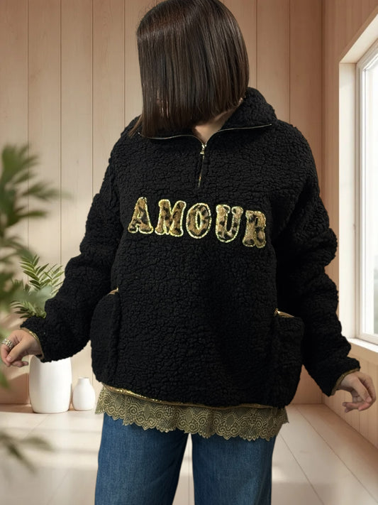 DOUDOU - PULL OVERSIZE NOIR LOGO AMOUR LEOPARD JUSQU'A LA TAILLE 48