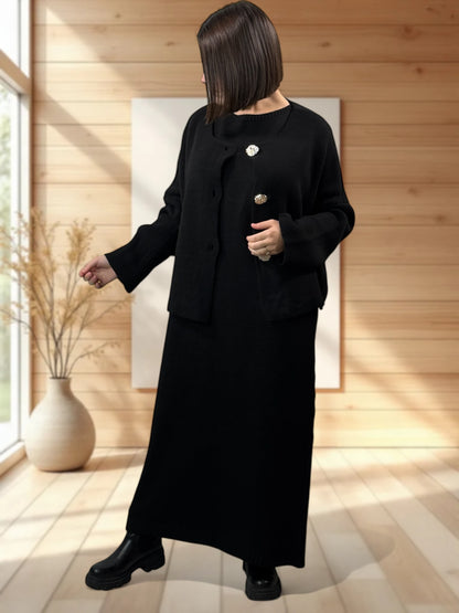 GABRIELA - ENSEMBLE NOIR EN MAILLE ROBE ET GILET JUSQU'A LA TAILLE 48